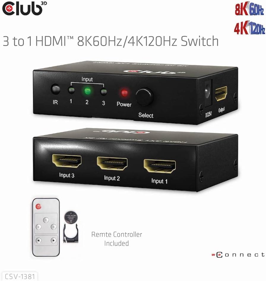 Club3D CSV-1381 HDMI™ 3 auf 1 Umschalter 8K60Hz/4K120Hz Umschalter, CSV-1381
