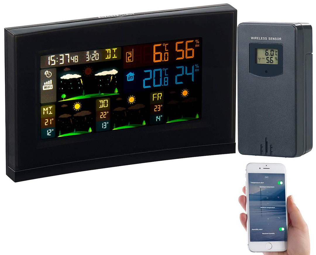 infactory Wetterstation WiFi: WLAN-Funk-Wetterstation mit Aussensensor, Wettertrend &amp; Datenlogger-Ap