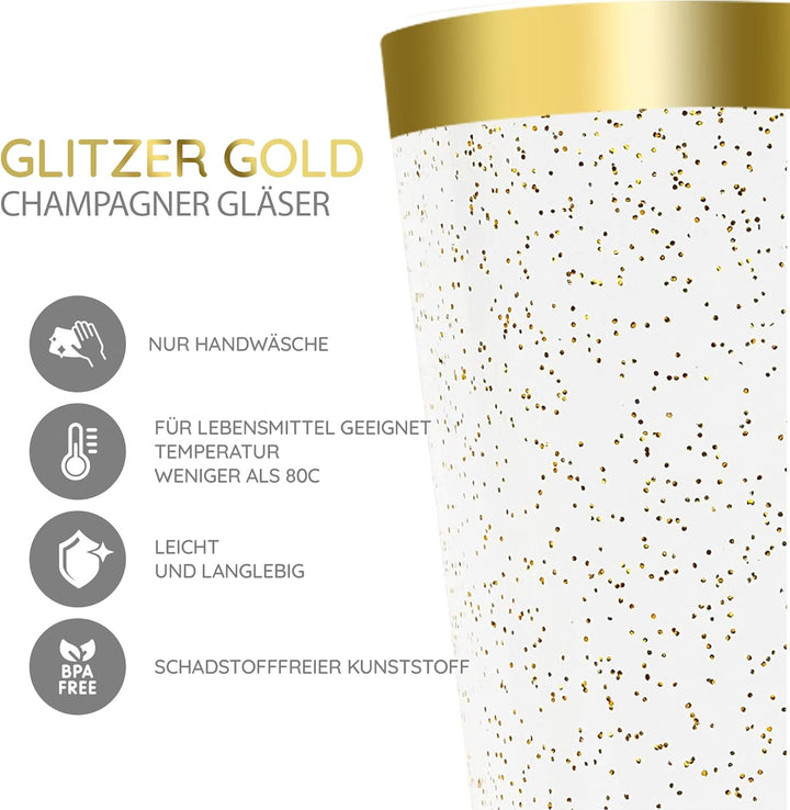 LStex 60 Stück Sektgläser Plastik mit Goldglitter Weingläser Set Geeignet für Hochzeitsfeiern und Ge