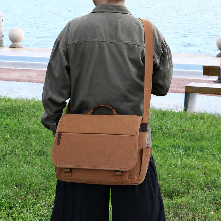 Eshow Umhängetasche Herren Wasserabweisend, Laptoptasche 15,6 Zoll aus Echtleder und Canvas, Messeng
