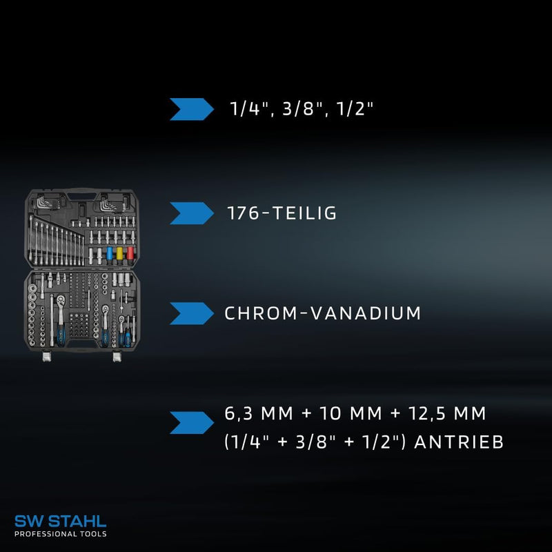 SW-Stahl 07635L Steckschlüsselsatz mit Umschaltnarren 1/4", 3/8", 1/2" / 176-teilig/Ratschenkasten/K