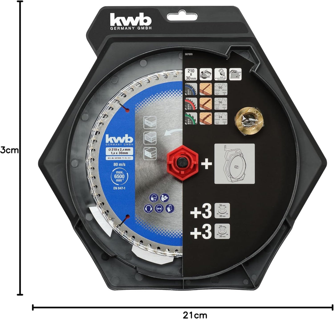 kwb Kreissägeblatt-Satz 210 x 30/20/16 mm für Kreissägen oder Tischkreissägen, für Platten und Holzb