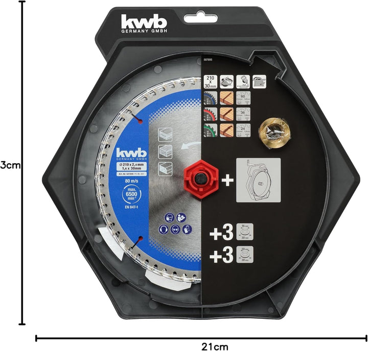 kwb Kreissägeblatt-Satz 210 x 30/20/16 mm für Kreissägen oder Tischkreissägen, für Platten und Holzb