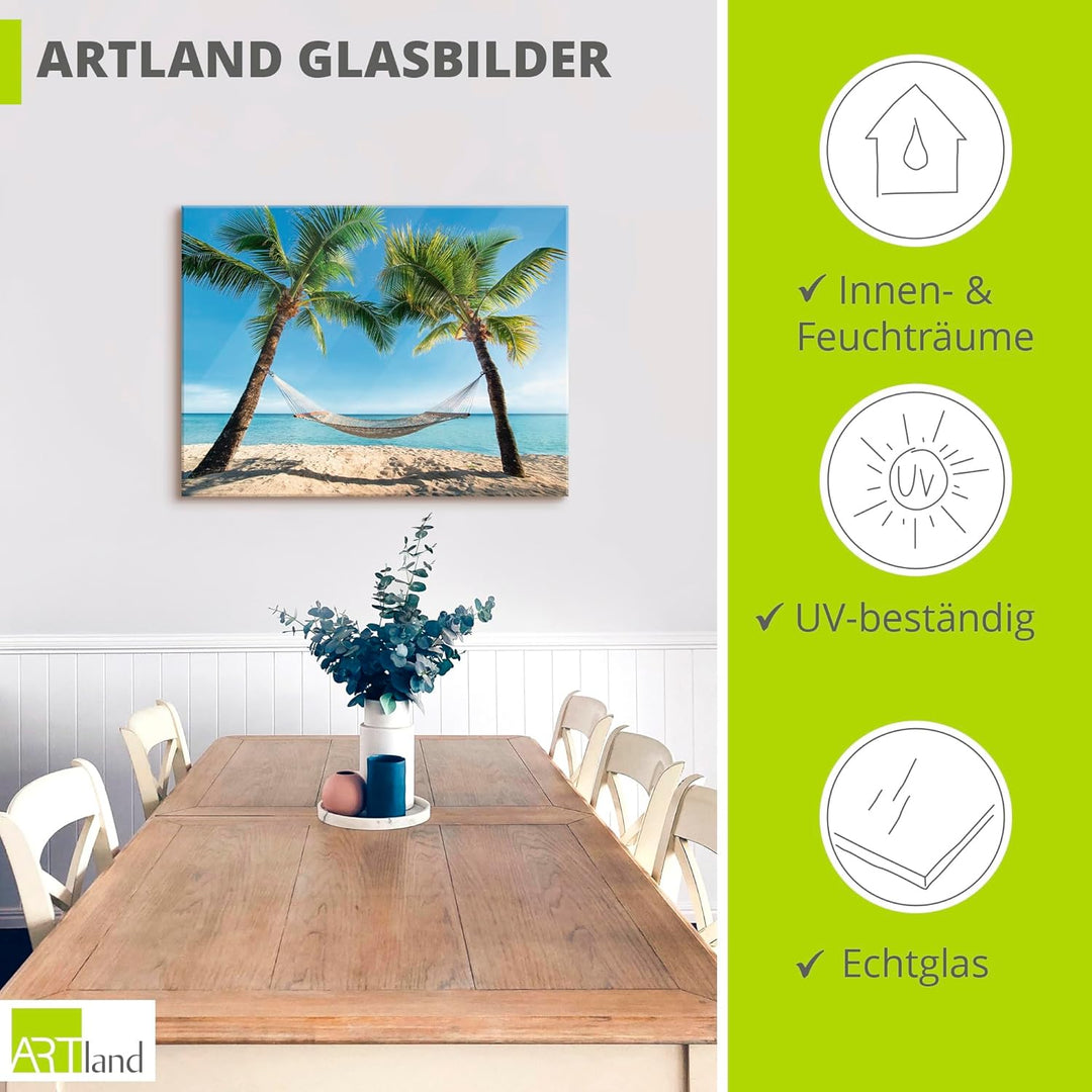 ARTland Glasbilder Wandbild Glas Bild einteilig 80x60 cm Querformat Strand Meer Südsee Karibik Palme