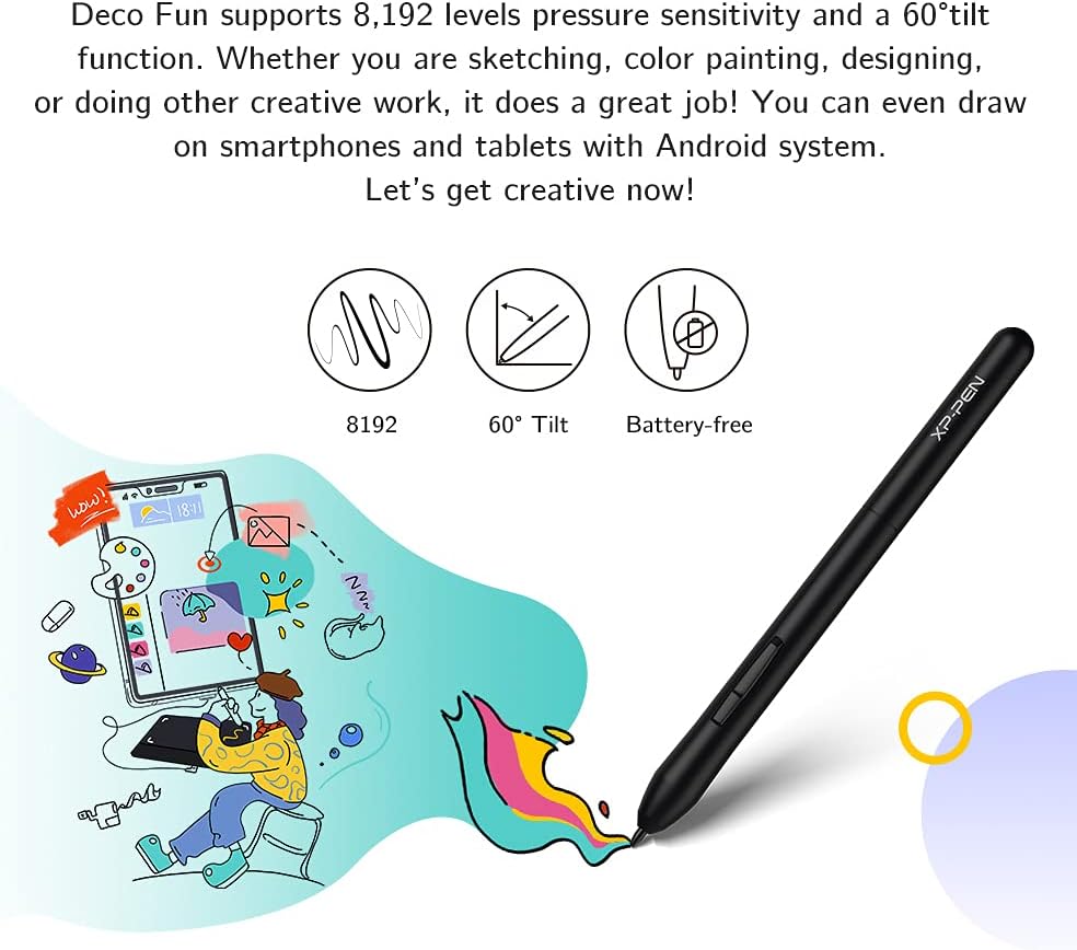 XP-PEN Deco Fun S Grafiktablett mit passivem Stylus-Stift, 8192 Stufen mit 60°-Neigung, 15,2 x 10,2