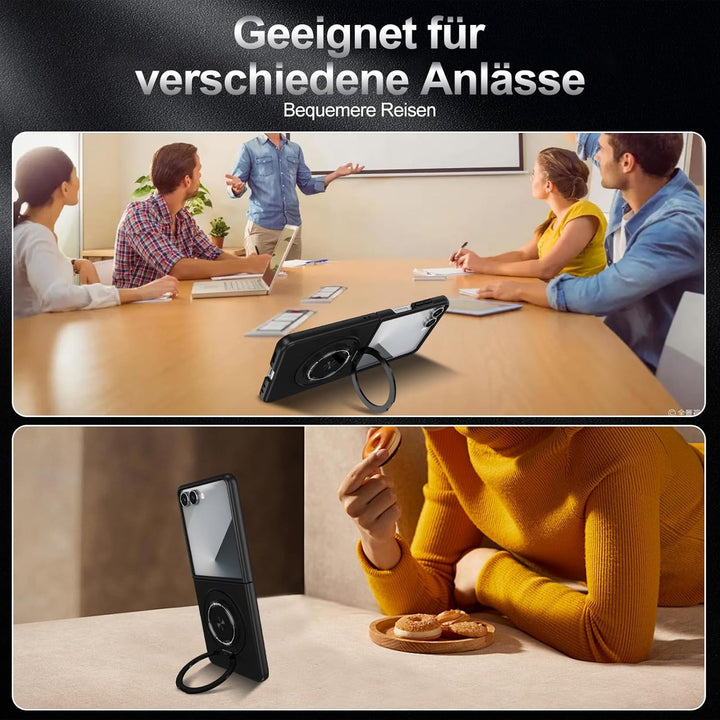 Handyhülle für Samsung Galaxy Z Flip 7 Hülle mit Schutzfolie, 360 Grad Magnetisch Metall Ring Stände