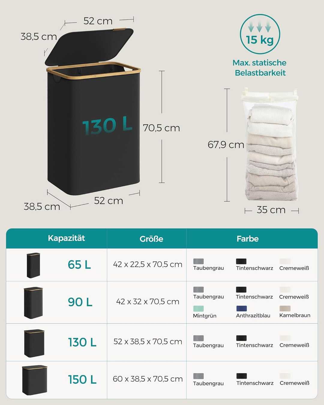 SONGMICS Wäschekorb mit Deckel, Wäschesammler mit 2 Fächern, 130 L, herausnehmbarer Wäschesack, Oxfo