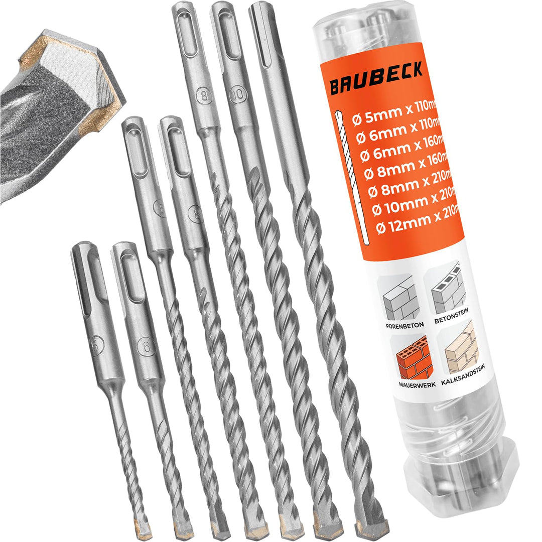 BAUBECK SDS Plus Bohrer Set für Beton [7tlg - Ø5-12 bis zu 210mm lang] - Langlebig und Robust aus 40