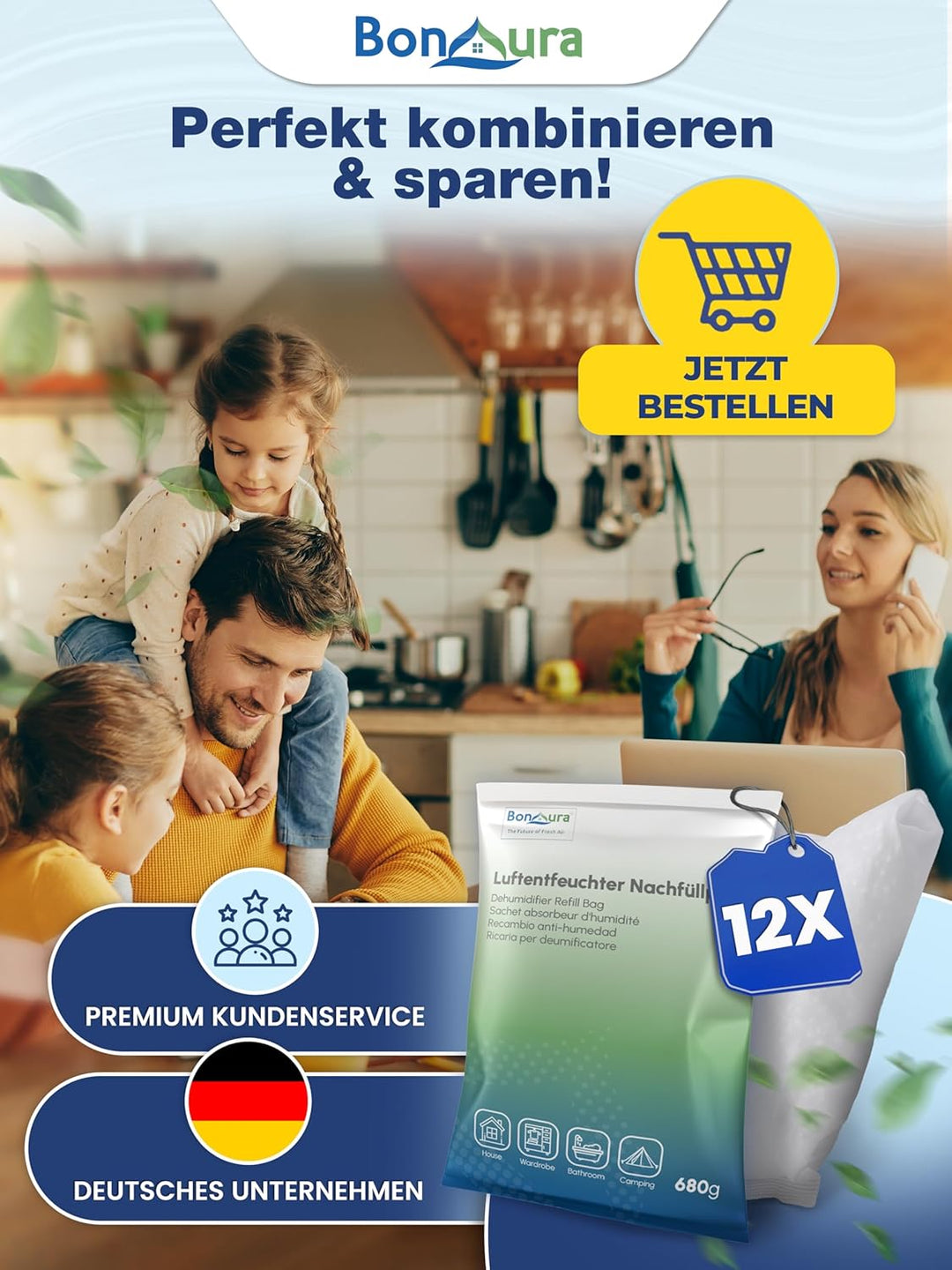 BonAura® AirOne Luftentfeuchter Nachfüllpack I 12er Set 680g Luftentfeuchter Granulat I Entfeuchter