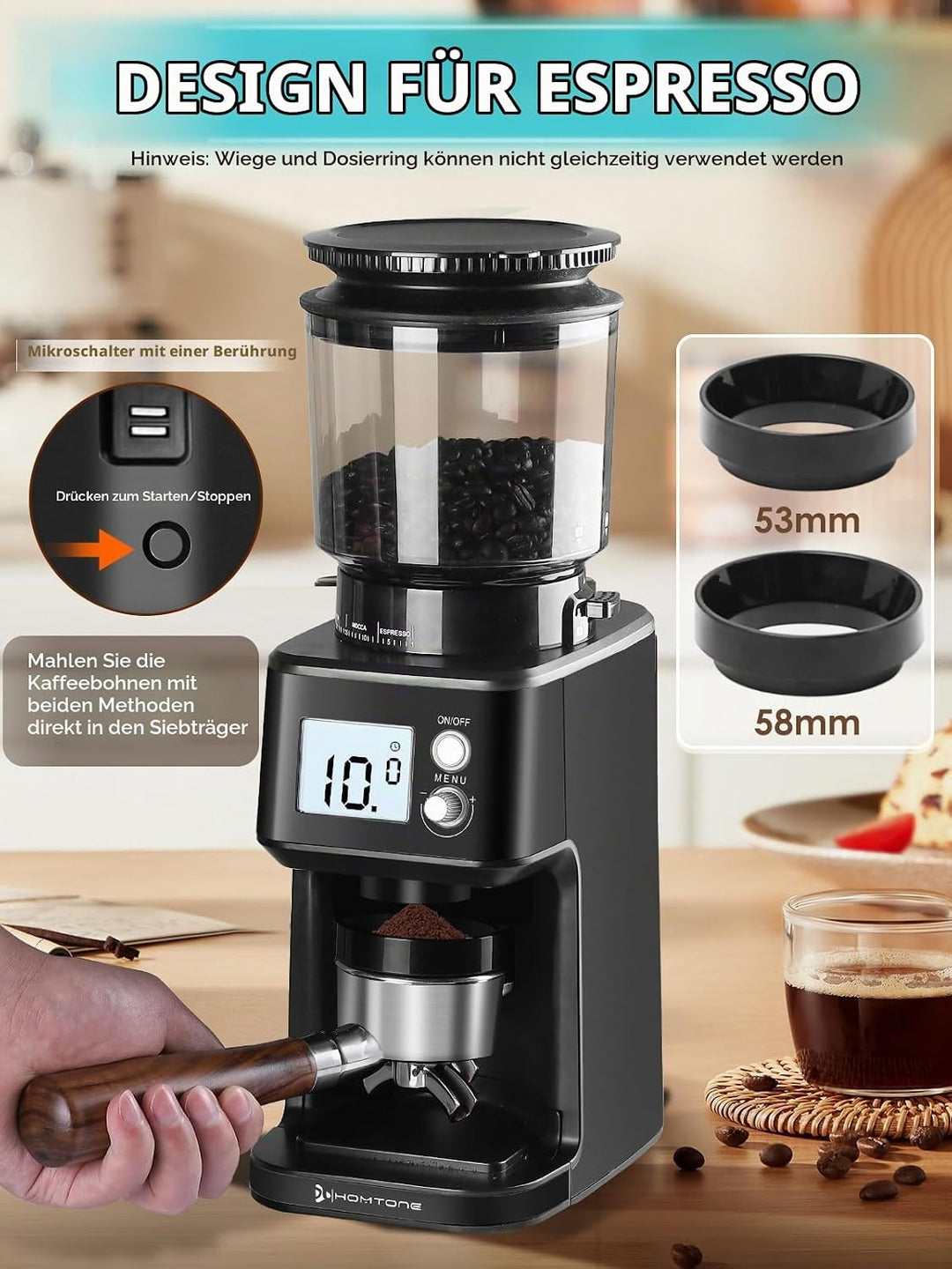 Homtone Elektrische Kaffeemühle für Siebträger, 51 einstellbare Mahlgrade, Kaffeemühle mit Grossem D