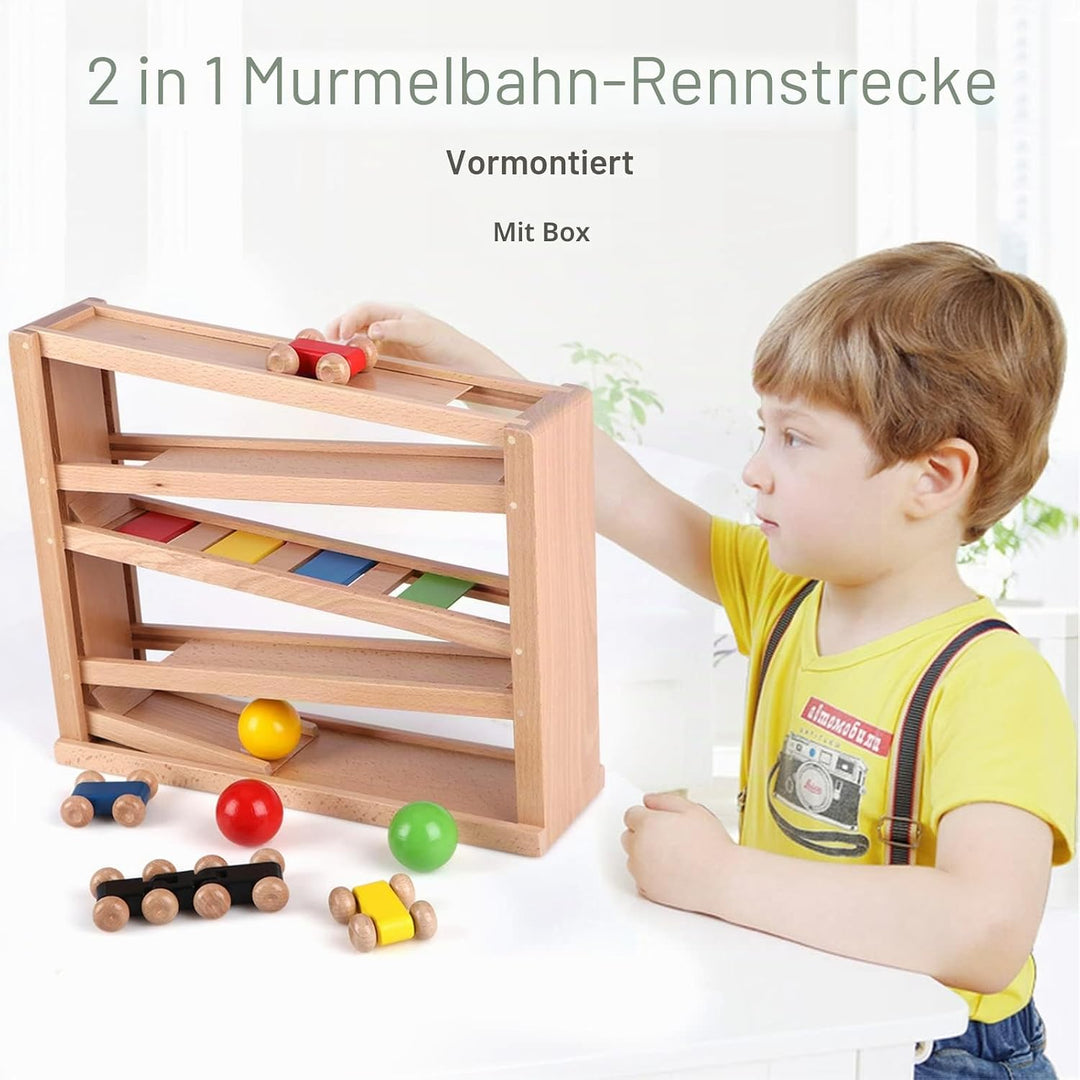 Jacootoys Holzautorampe Kugelbahn Spiel Rennstrecke 5 Schichten Racer Spielzeug Set 4 Autos 3 Bälle