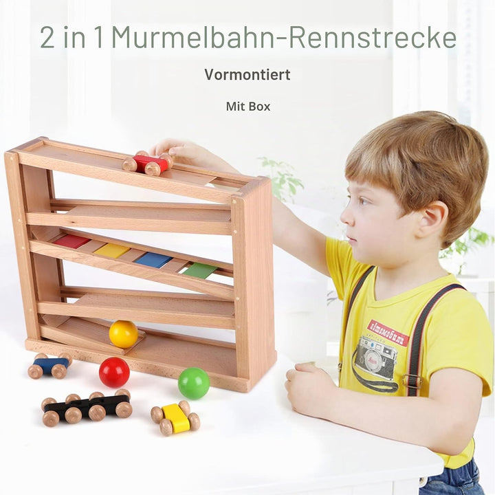 Jacootoys Holzautorampe Kugelbahn Spiel Rennstrecke 5 Schichten Racer Spielzeug Set 4 Autos 3 Bälle