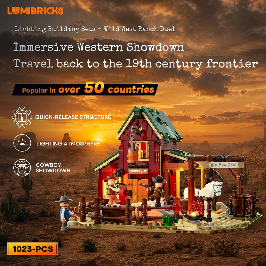 LUMIBRICKS Wild West Ranch Duel Klemmbaustein-Set mit LED-Beleuchtung, 1023 Teile Western-Ranch Mode