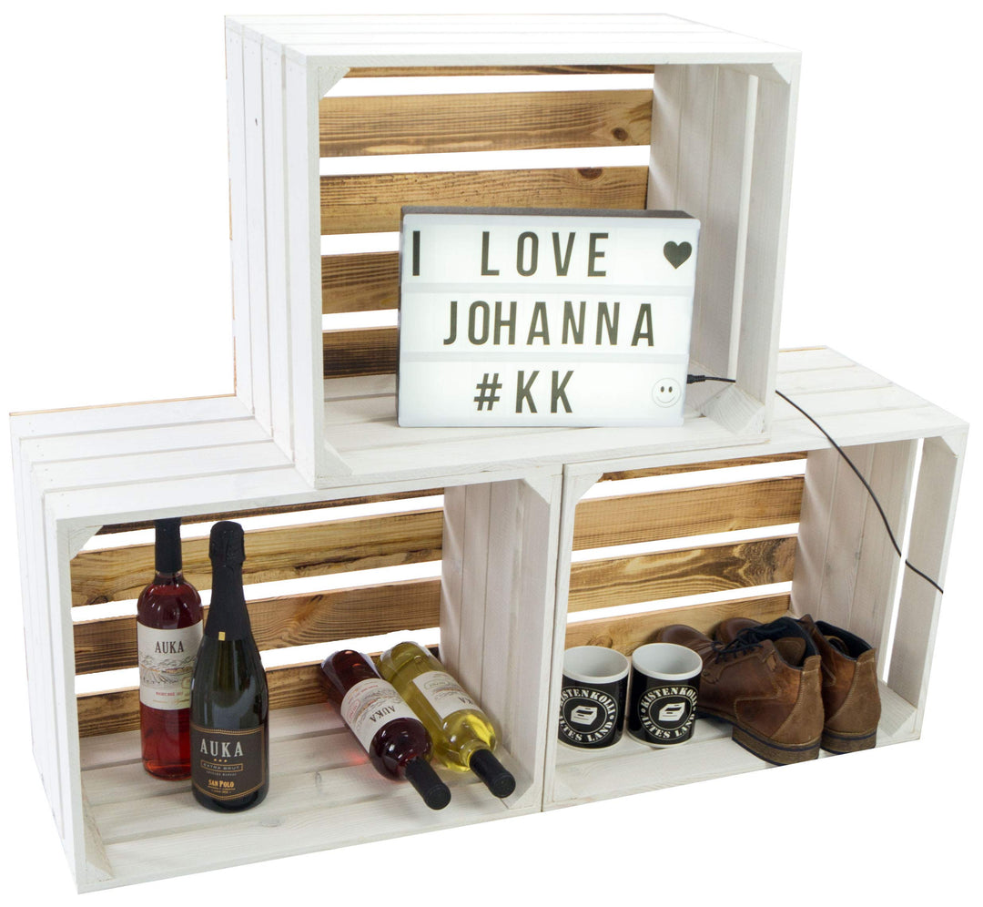 3er Set Holzkisten Paula weiss mit geflammten Boden 50x40x30cm Johanna Aufbewahrungsbox Aufbewahrung