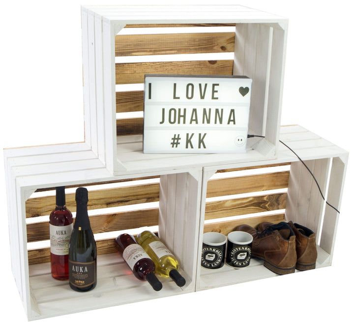 3er Set Holzkisten Paula weiss mit geflammten Boden 50x40x30cm Johanna Aufbewahrungsbox Aufbewahrung