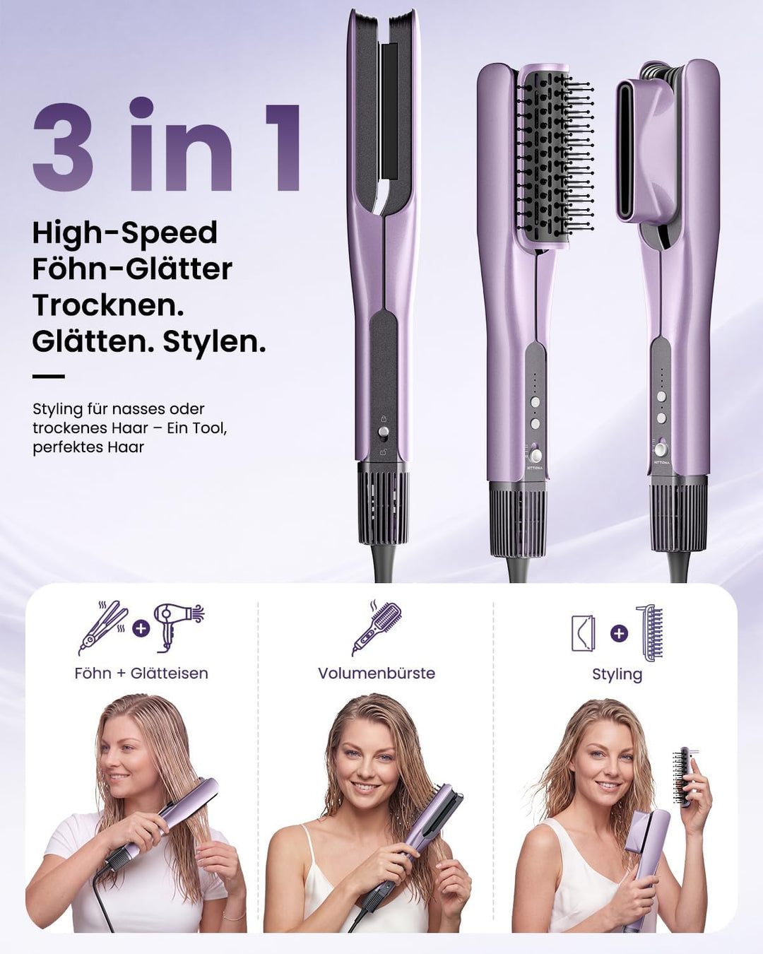 HITTIONA Air Haarglätter Föhn 3 in 1 - Nass-zu-Trocken Glätteisen mit Föhndüse &amp; Volumenbürste, Troc