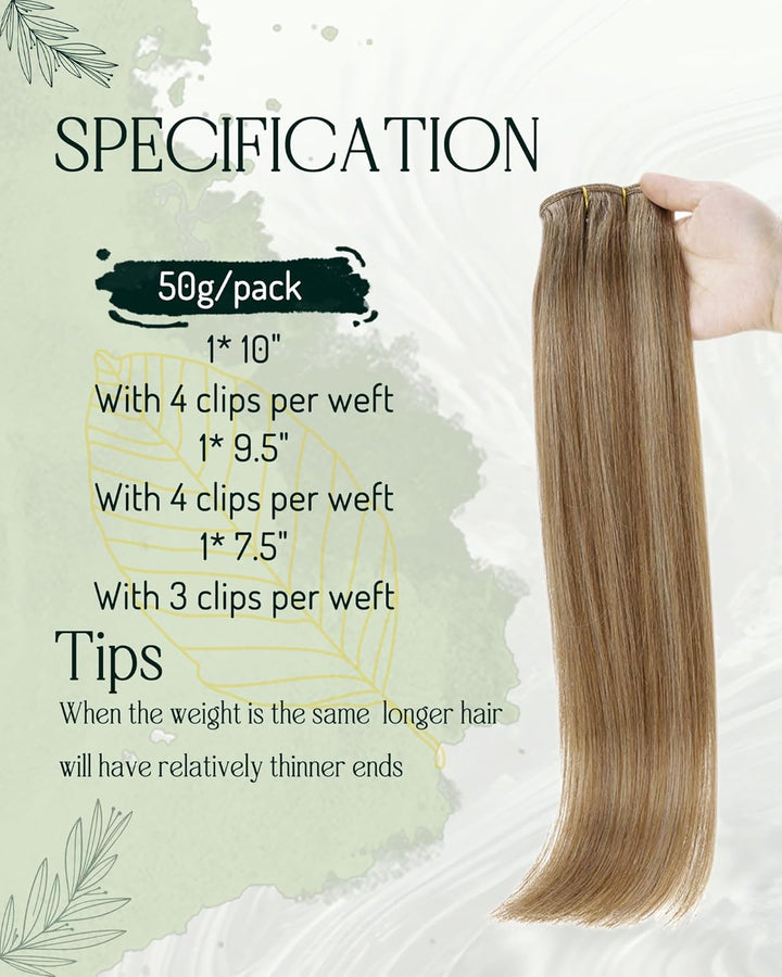 RUNATURE Clip in Extensions Echthaar Braun Highlight Blond Echthaar Extensions Clip in 30cm Kurz Ech