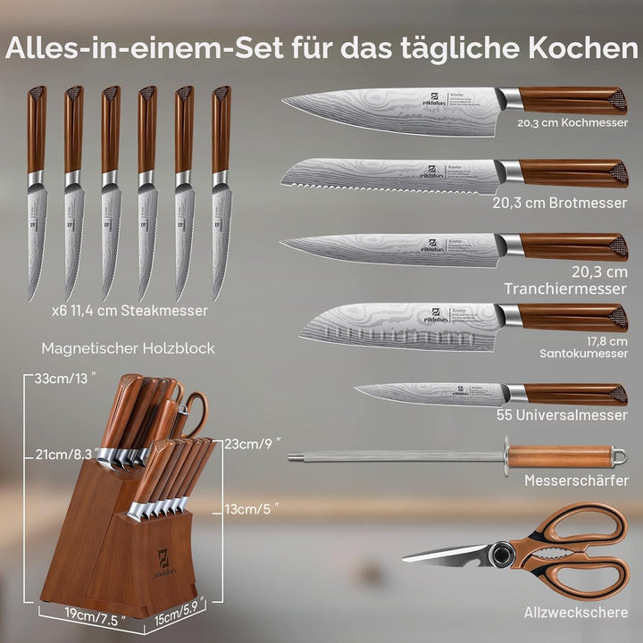 Küchenmesser-Sets mit Block, 15 Stück Messersets mit magnetischem, abnehmbarem Messerhalter, Hartsta