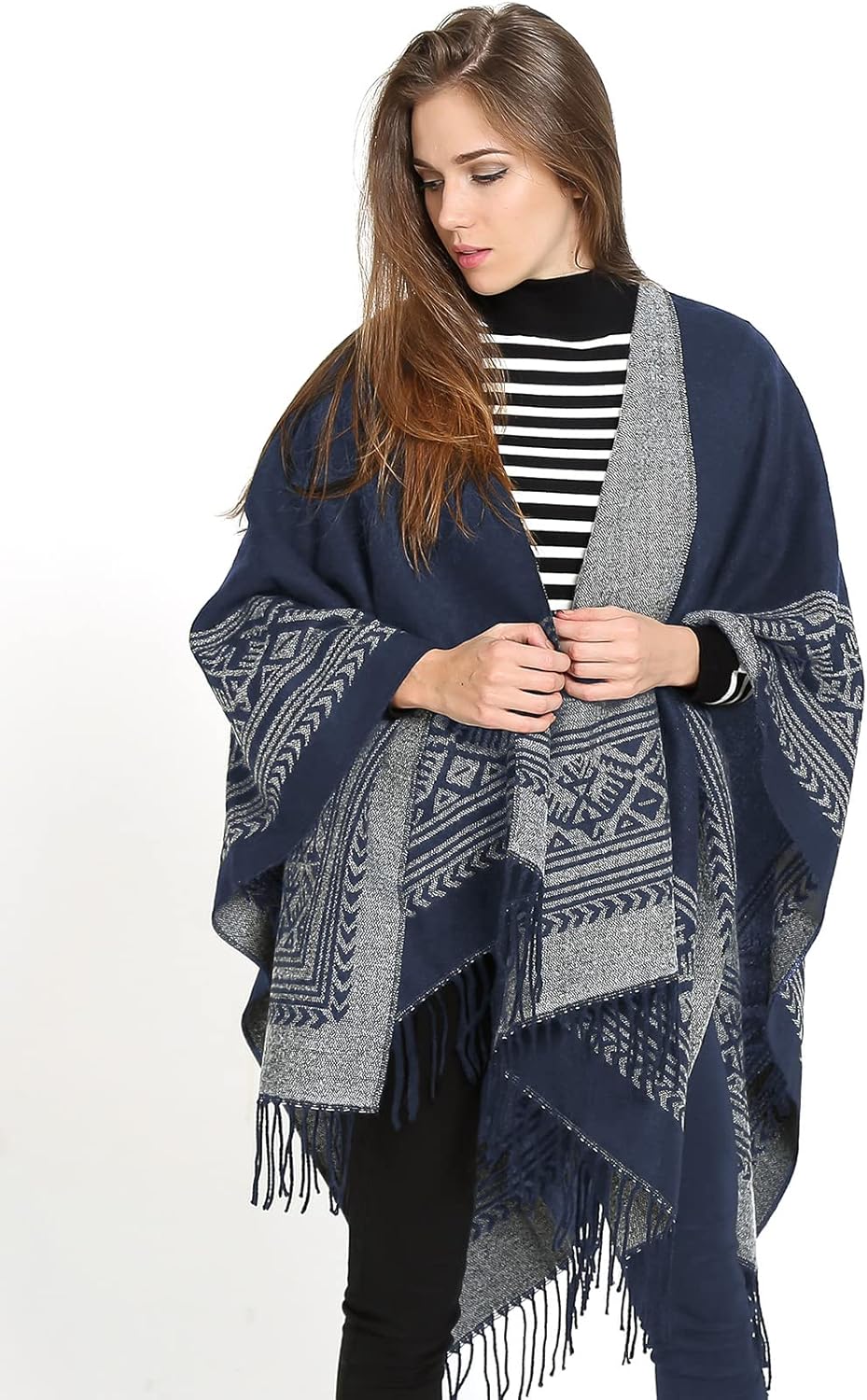 Superora Damen Poncho Cape Umhängetuch Stola Strick-Pullover Karierte Deckenschal Sweatshirt Schal m