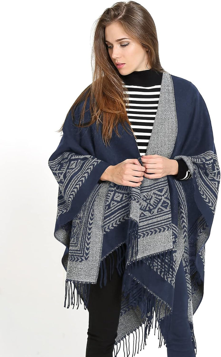 Superora Damen Poncho Cape Umhängetuch Stola Strick-Pullover Karierte Deckenschal Sweatshirt Schal m