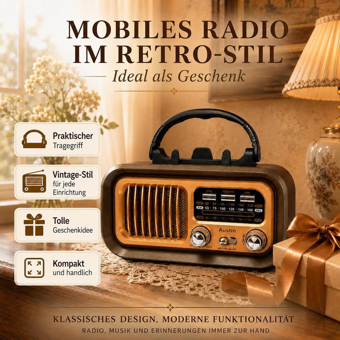 Retropolis Austin Retro Radio – Vintage Design mit Solar, USB, microSD, Bluetooth 5.0, 1200mAh Akku,