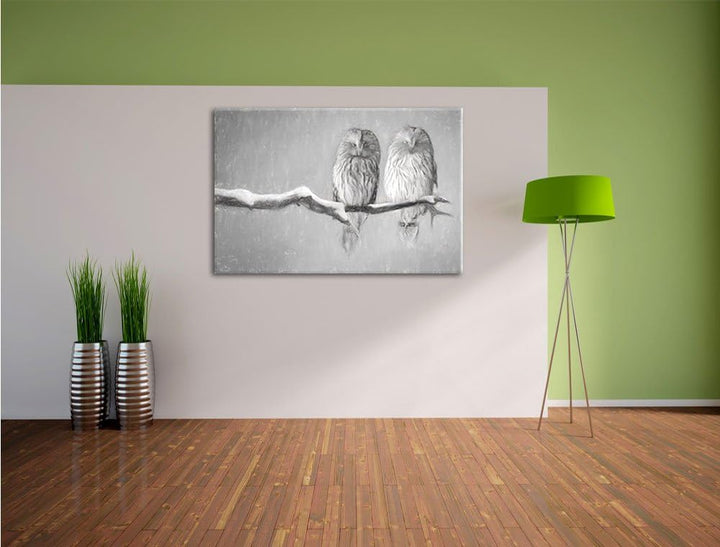 Pixxprint Zwei Eulen in Winterlandschaft Kunst Kohle Effekt, Format: 100x70 auf Leinwand, 100x70