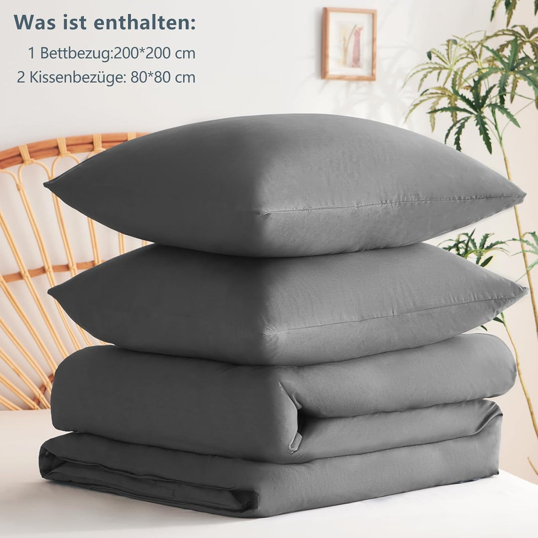WAVVE Bettwäsche 200x200 3 teilig Anthrazit - Bettbezug 200 x 200 Set mit Kissenbezüge 80x80 cm, Bet
