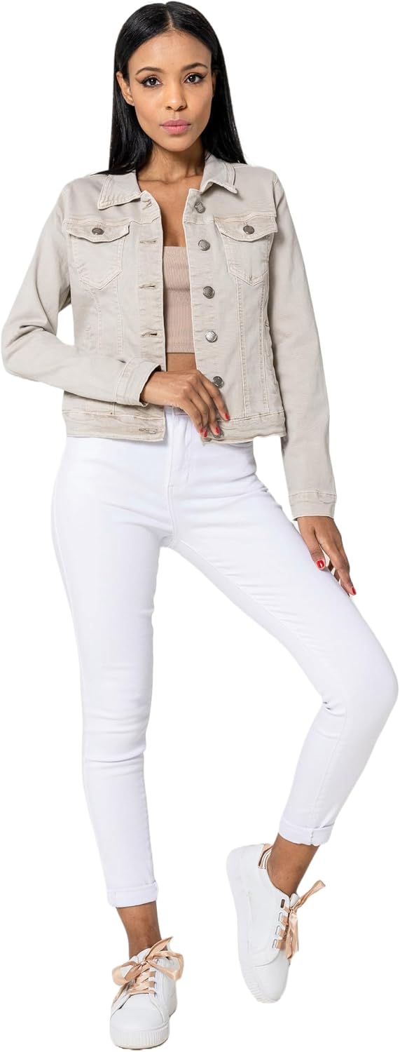 Nina Carter J212 Damen Slim-Fit Jeansjacke – Farbige Übergangsjacke mit Kent-Kragen und Taschen – Fr