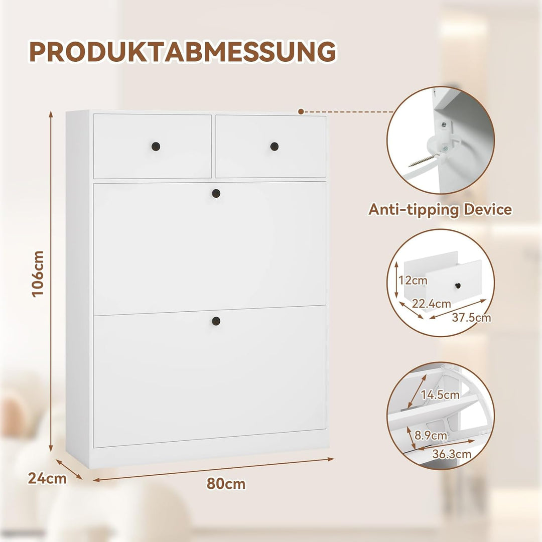 YOURLITE Schuhschrank Schmal, Schuhkipper mit 2 Klappen und 2 Schubladen, Weiss Schuhregal, Trennwan