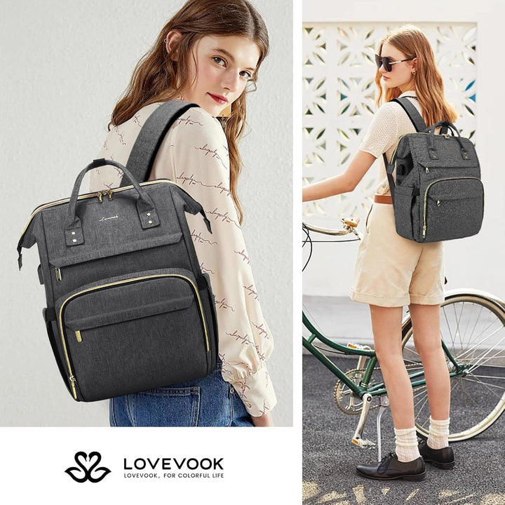 LOVEVOOK Rucksack Damen Schulrucksack, 15,6 Zoll Wasserdicht Laptoprucksack mit USB Ladeanschluss, R