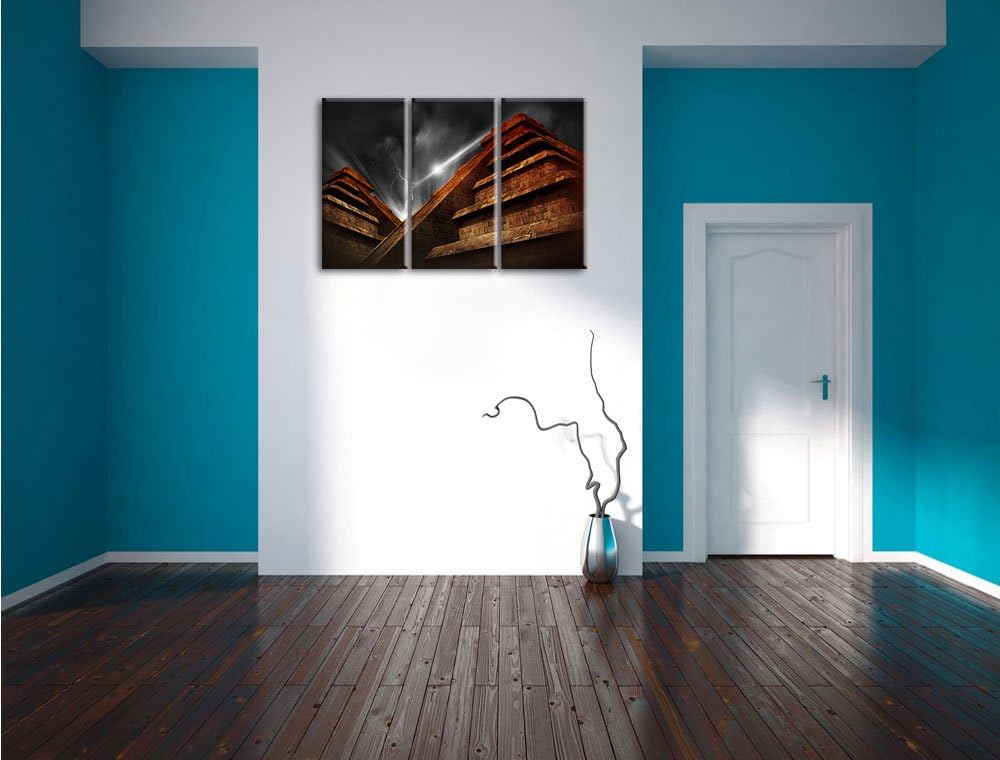Pixxprint Majatempel bei Gewitter Schwarz/Weiss 3-Teiler Leinwandbild 120x80 Bild auf Leinwand