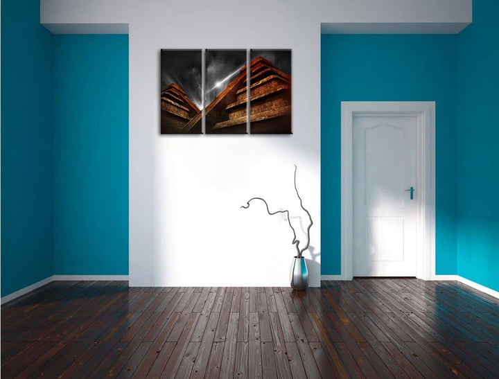 Pixxprint Majatempel bei Gewitter Schwarz/Weiss 3-Teiler Leinwandbild 120x80 Bild auf Leinwand