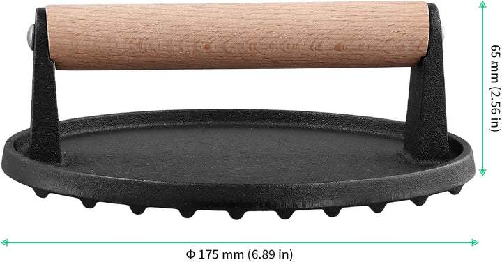 FUNSUEI 2er Set Burgerpresse Gusseisen 17,5 cm, 1KG Burger Smasher mit Holzgriff, Schwarz Rund Grill