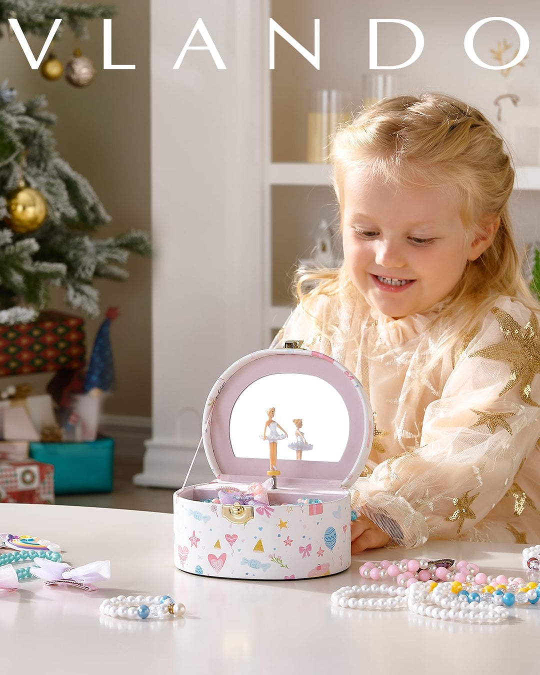 VLANDO Schmuckkästchen Mädchen mit Spieluhr, Schmuckkasten Kinder mit Drehendem Ballerina & Spiegel,
