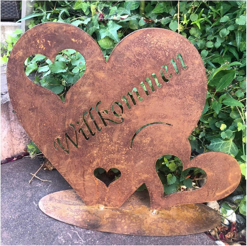 Radami Edelrost Herz - Willkommen - Schild Willkommensschild Gartenstecker Metall Gartenfigur, Metal