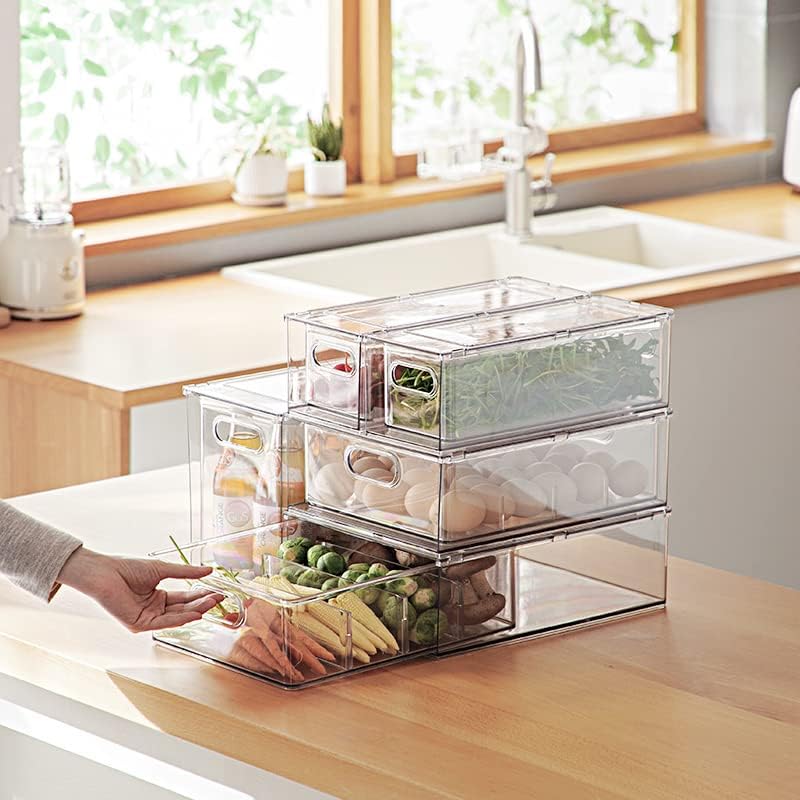 Abiudeng Kühlschrank Organizer Stapelbare mit Ausziehbarer Schublade Transparenter Kühlschrank Schub