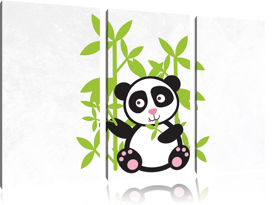 Pixxprint Süsser Panda mit Bambus / 3-Teilig/Gesamtmass 120cm Leinwandbild bespannt auf Holzrahmen/W