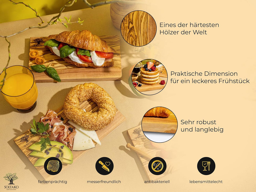SOLTAKO Premium Frühstücksbrett aus Olivenholz - 2er Set, 2