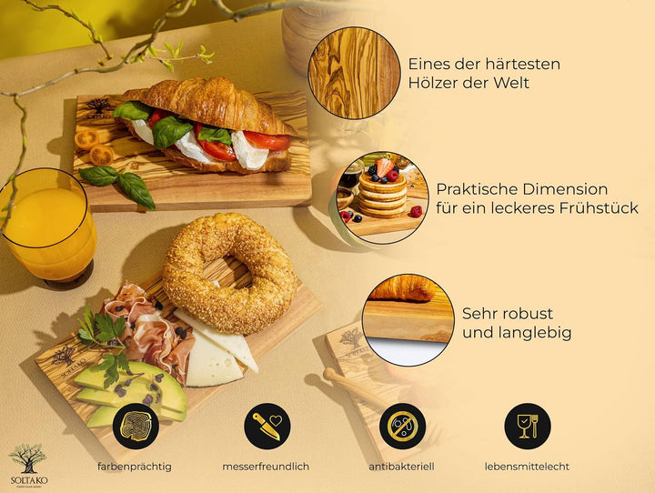 SOLTAKO Premium Frühstücksbrett aus Olivenholz - 2er Set, 2