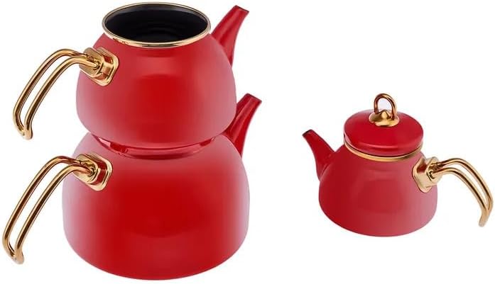 Karaca Retro Emaye Teekanne Set, 3 Stück, Rot - Hochwertige Emaille-Kannen für stilvolles Teetrinken
