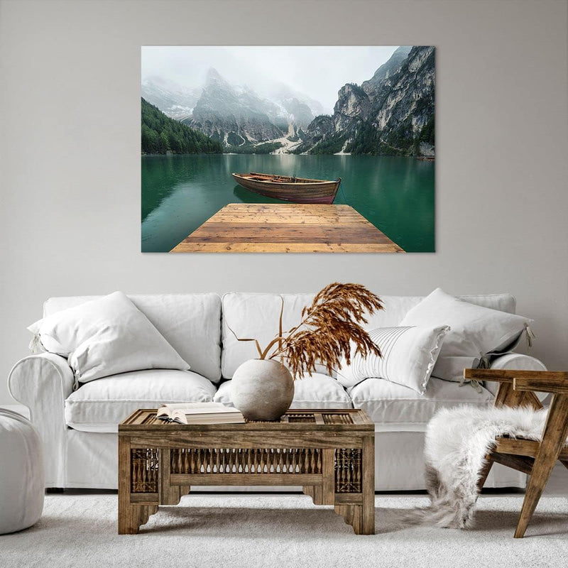 Bilder auf Leinwand 100x70cm Leinwandbild mit Rahmen Berge See Boot Gross Wanddeko Bild Schlafzimmer