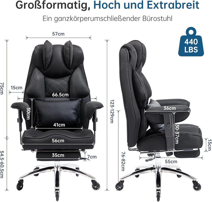 Ergonomischer Bürostuhl 200kg, Chefsessel mit Fussstütze, Schreibtischstuhl mit Lendenkissen, Bequem