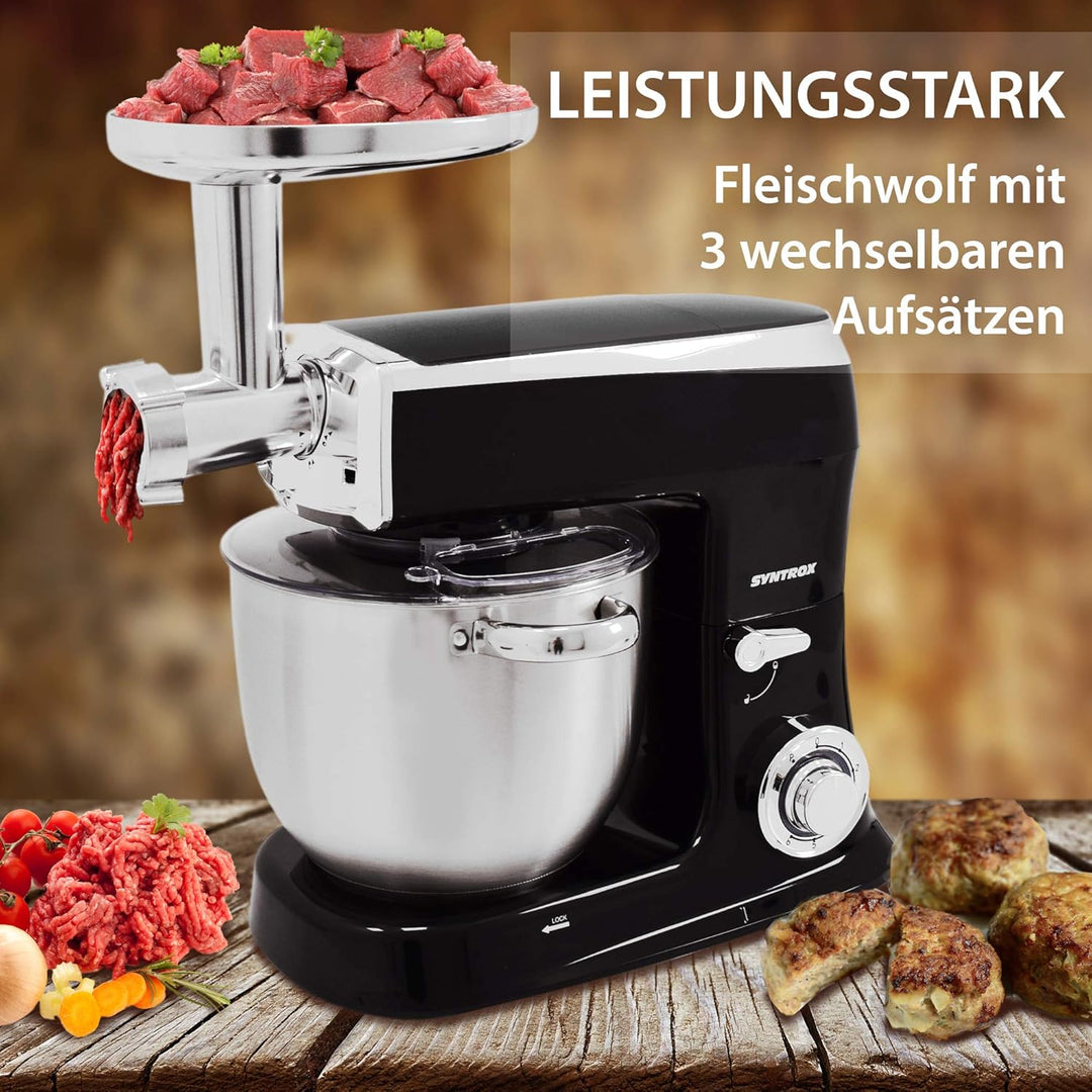 Syntrox Germany 1500 Watt Küchenmaschine Knetmaschine Mixer mit Fleischwolf, Edelstahl-Behälter, 7,5
