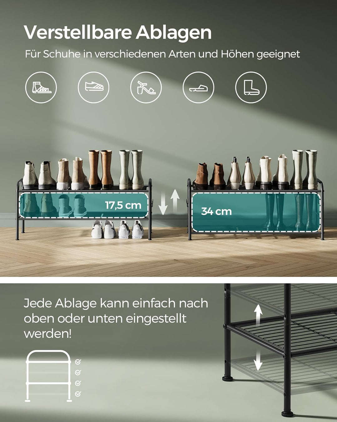 SONGMICS Schuhregal, Schuhständer mit 2 Ebenen, Metallregal mit 4 seitlichen Haken, für 10 Paar Schu