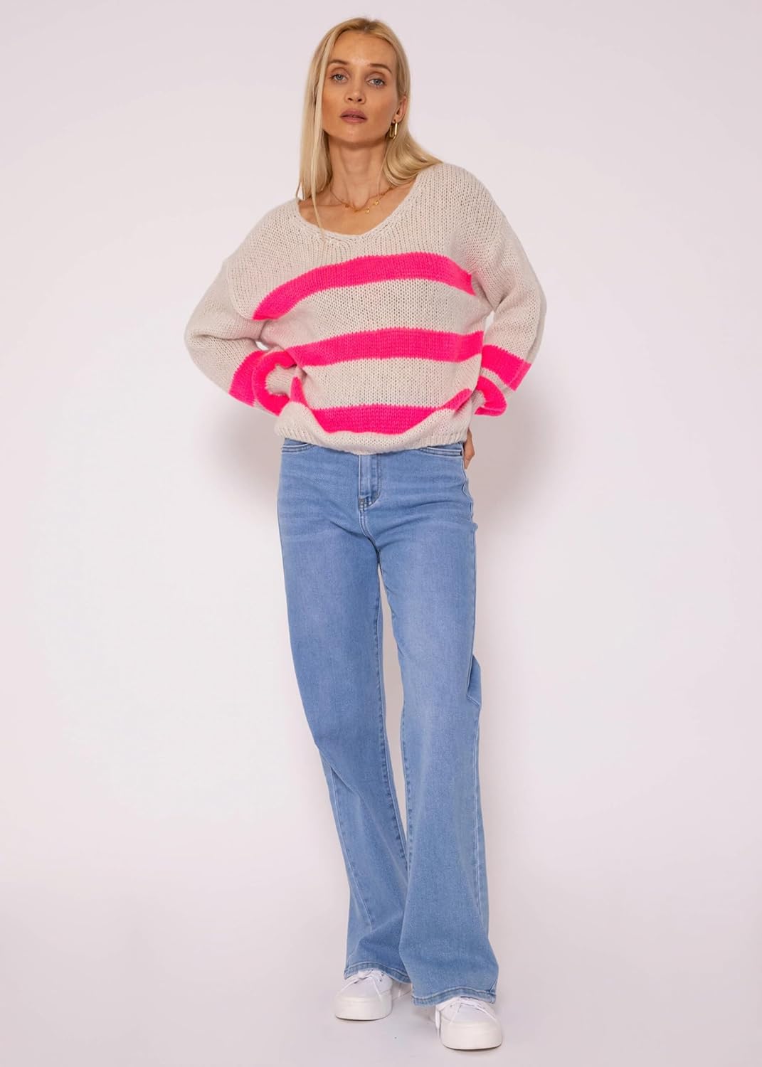 SASSYCLASSY Streifen Strickpullover Damen Oversize - Madie in Italy - grobmaschig V Ausschnitt Pulli