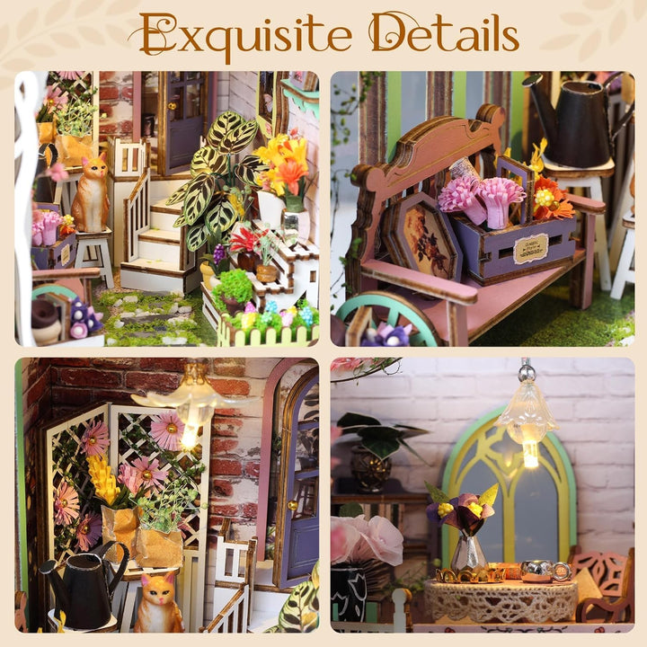 Book Nook Kit Buchstützen, DIY Puppenhäuser Miniatur Haus Kit mit Staubschutzhülle LED-Licht Gartenh