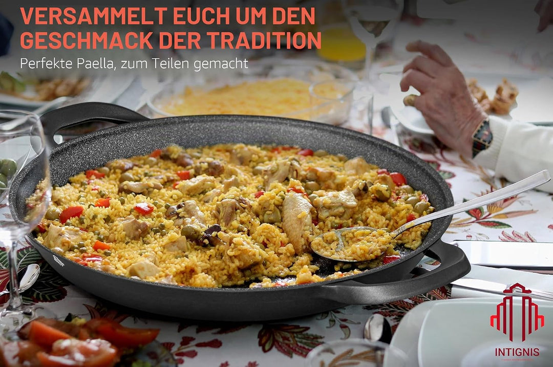 INTIGNIS Paellapfanne mit Glasdeckel 36cm• GREBLON® Keramik-Antihaft • Für alle Herdarten inkl. Indu