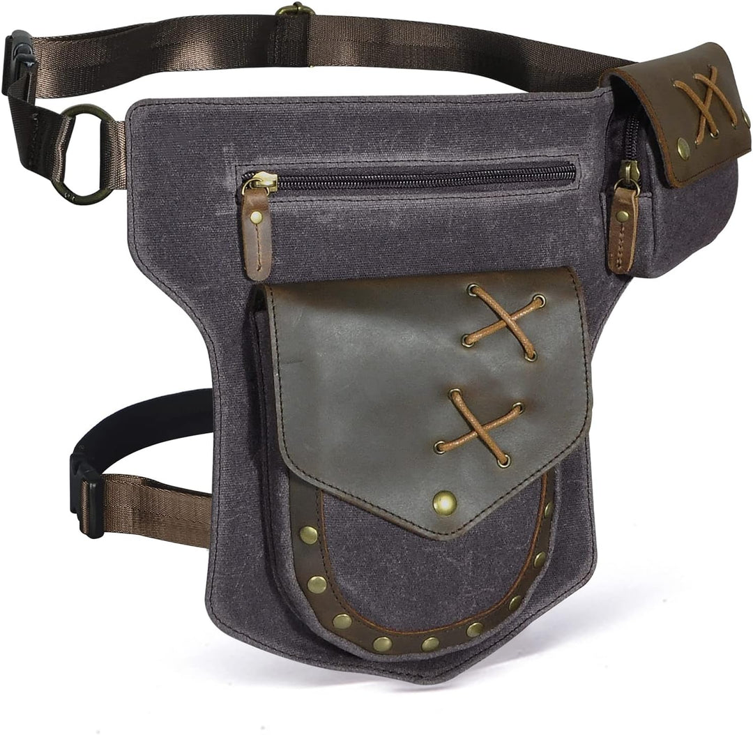 Le'aokuu Herren Canvas und Echtleder Wasserdichte Hüfttasche Umhängetasche Brusttasche Bauchtasche H