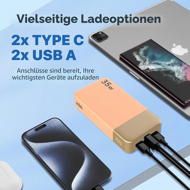 NOBIS Power Bank, Powerbank 20000mAh, 35W Externe Handyakkus Fast Charging, Externer Akku with C to