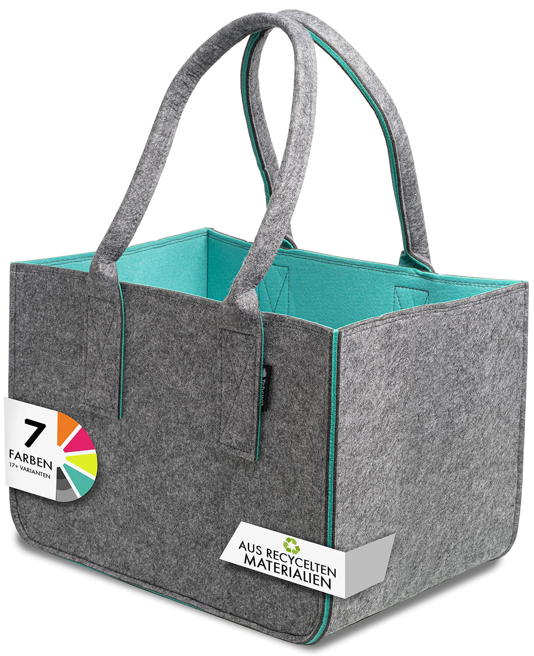 Shopping Bag aus recyceltem Filz-Stoff, grosse Einkaufs-Tasche, zweifarbig dunkelgrau/türkis, lange